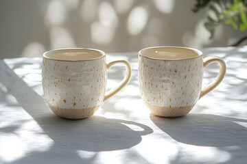 Two elegant ceramic mugs sit on a white tablecloth illuminated by gentle morning sunlight, creating beautiful patterns of light and shadow around them