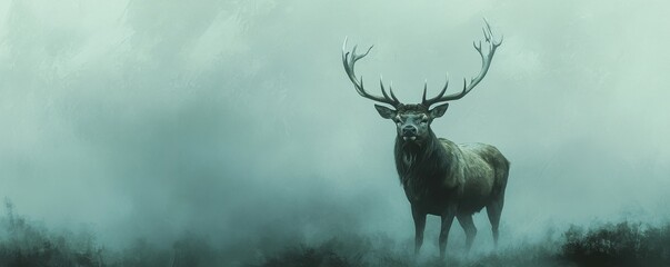 Naklejka premium A classic oil painting of a majestic stag with a powerful rack of antlers, standing proudly in a misty meadow.