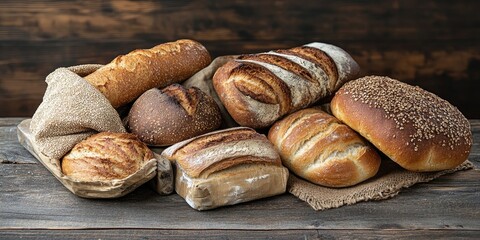 Assorted freshly baked organic breads in various shapes and sizes on a rustic wooden surface with a neutral color palette and natural textures.