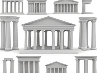 Collection of various classical architectural columns and temple designs.
