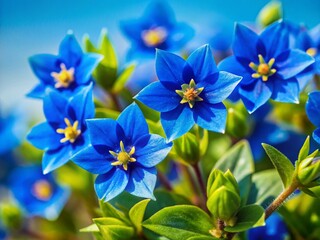 Close-up Blue Pimpernel Flower, Lysimachia foemina, Small Blue Wildflower, Primulaceae, Blue Sky Background