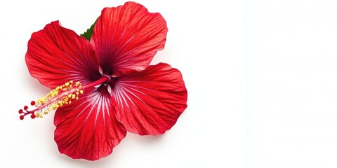 Obraz premium Vibrant red hibiscus flower with intricate petals positioned on the left against a clean white background creating a stunning floral composition