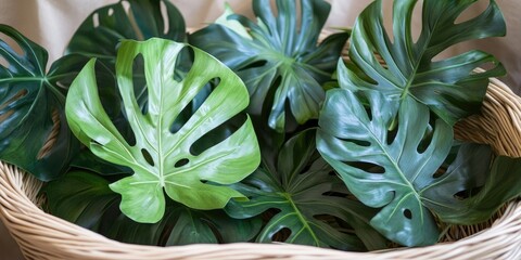 Decorative monstera leaves in varying shades of green arranged in a beige wicker basket creating a vibrant natural display.