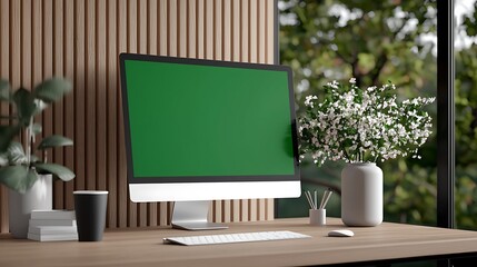 Modern Minimalist Home Workspace with Green Screen