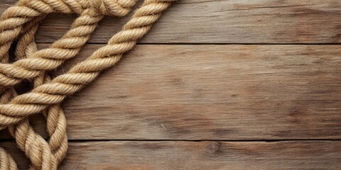 Fototapeta premium Hemp rope arranged in a spiral on a textured wooden surface with ample space for text on the right side in a warm brown color palette