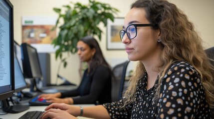 A young woman with visual impairment uses a screen reader for her computer tasks while a colleague from a different ethnic background discusses a project with her.