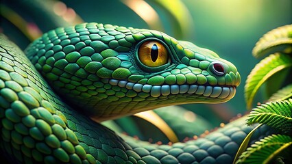 Fototapeta premium Close-Up Green Snake with Bokeh Background - Nature Stock Photo