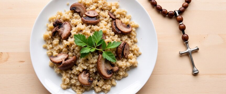 Mushroom and Herb Barley Risotto Symbolizing Simplicity and Fasting on Ash Wednesday with a Rosary on Wooden Background - Powered by Adobe