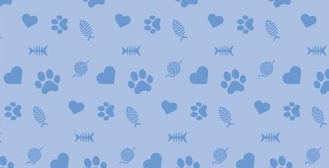 Seamless patterns and backgrounds with paw prints, hearts, bones and fish. Abstract vector illustration for pet shop websites and prints, social media posts, animal product design