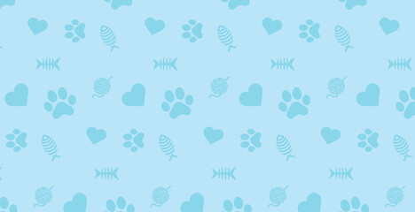 Seamless patterns and backgrounds with paw prints, hearts, bones and fish. Abstract vector illustration for pet shop websites and prints, social media posts, animal product design