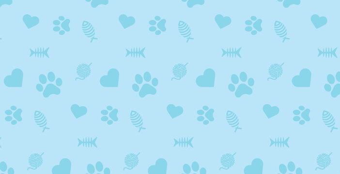 Seamless patterns and backgrounds with paw prints, hearts, bones and fish. Abstract vector illustration for pet shop websites and prints, social media posts, animal product design