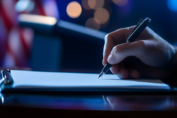 A close up hand signed an official document with a pen.