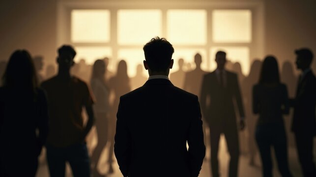  A lone person in a crowded room, their silhouette surrounded by blurred, indistinct figures, illustrating the isolation and social anxiety that can arise in social situations.