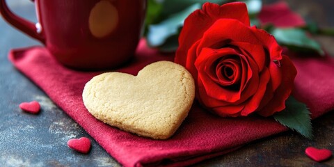 Heart-shaped cookie on a red napkin next to a vibrant red rose and a coffee mug creating a romantic arrangement with warm colors