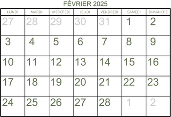 Grille calendrier pour le mois de février 2025