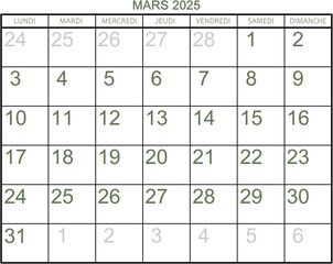Grille calendrier pour le mois de mars 2025