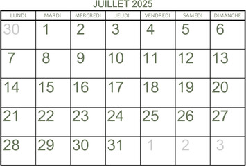 Grille calendrier pour le mois de juillet 2025