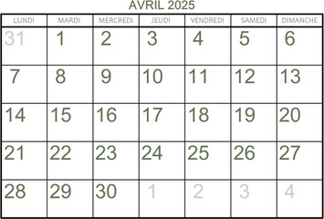 Grille calendrier pour le mois de avril 2025