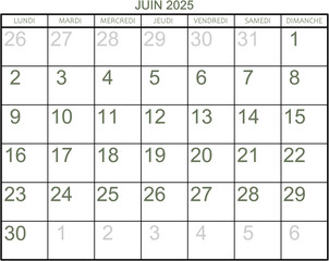 Grille calendrier pour le mois de juin 2025