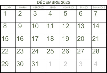 Grille calendrier pour le mois de décembre 2025