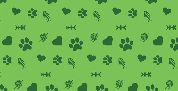 Seamless patterns and backgrounds with paw prints, hearts, bones and fish. Abstract vector illustration for pet shop websites and prints, social media posts, animal product design
