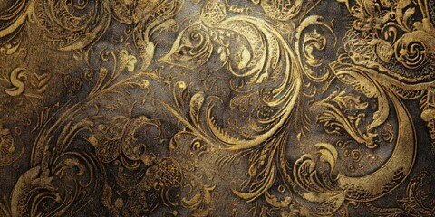 Intricate gold floral fabric texture on a dark gray background with elegant patterns and designs creating a luxurious appearance