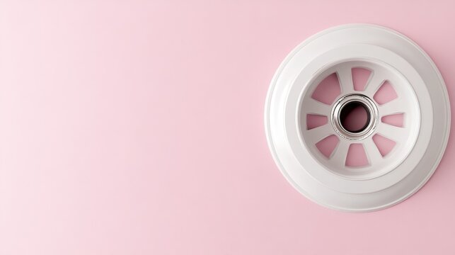 A clean-out plug for a drain pipe with threading, placed against a soft pink background