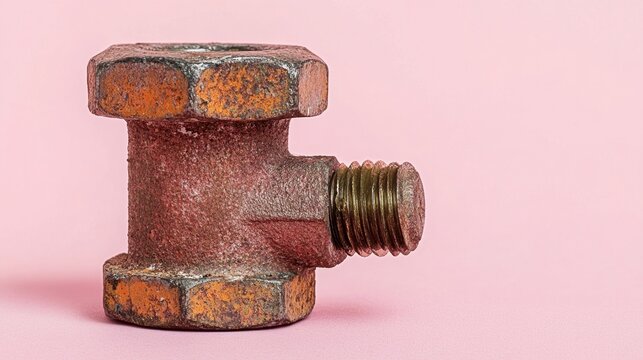 A clean-out plug for a drain pipe with threading, placed against a soft pink background