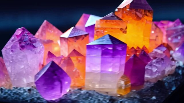 Amethyst and Citrine Cluster: A captivating close-up reveals a vibrant cluster of amethyst and citrine crystals, their purple and orange hues glowing with an inner light.
