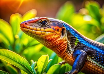Fototapeta premium Close-up of a Skink Basking in a Vibrant Garden, Shallow Depth of Field