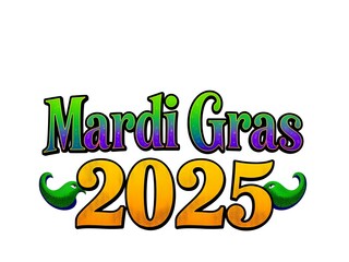 Naklejka premium Mardi Gras 2025 celebration design with festive lettering and whimsical mascots