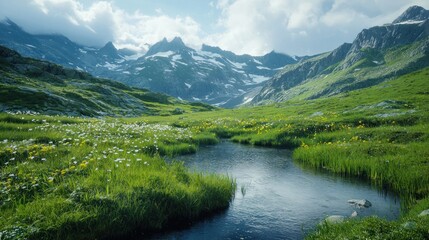 Alpine Meadow Serenity: Breathtaking Mountain Landscape with Stream