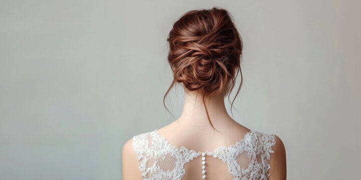 Elegant wedding lace dress with open back displayed in a white studio setting, featuring soft beige tones and a neutral background, showcasing hairstyle.