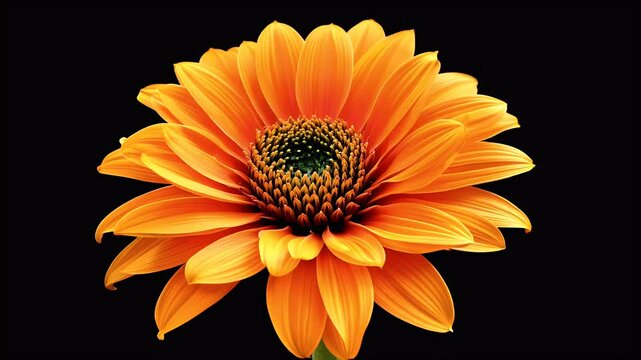 A vibrant orange dahlia flower blooming and unfurling its delicate petals in an accelerated time lapse with transparency on a dark backdrop