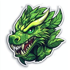 Obraz premium Fierce green dragon illustration, mythical creature with sharp teeth and leafy scales in vibrant detailed design