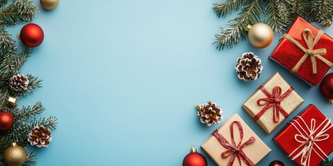 Festive Christmas background with red and gold ornaments, present boxes arranged on blue surface, accented with pine branches and pine cones.
