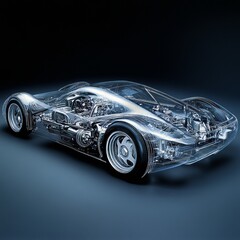 A transparent sports car with internal engine components, on a futuristic, high tech background. Speed and technology concept. 3d illustration