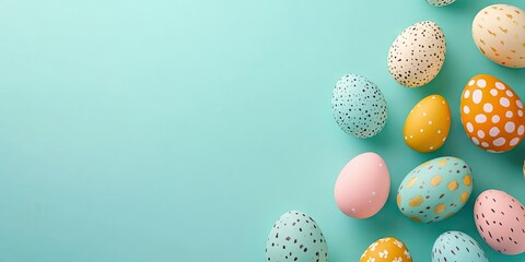 Colorful Easter eggs arranged diagonally across a soft mint green background with empty space for text or messages, festive and vibrant design.