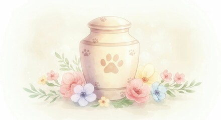 Pet urn with paw print surrounded by watercolor flowers.