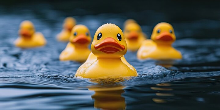Group of vibrant yellow rubber ducks in a line swimming in calm dark blue water exemplifying leadership and teamwork in a playful setting