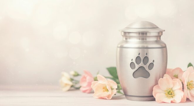 Silver pet urn with paw print and pink flowers on soft background.