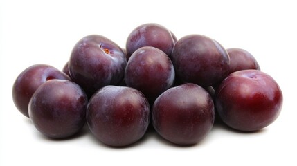 A cluster of plump, purple plums arranged elegantly, Each plum showcasing its smooth skin and slight bloom