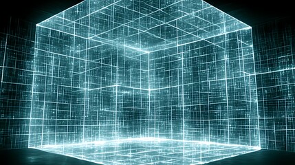 Glowing cyan digital cube in a matrix.