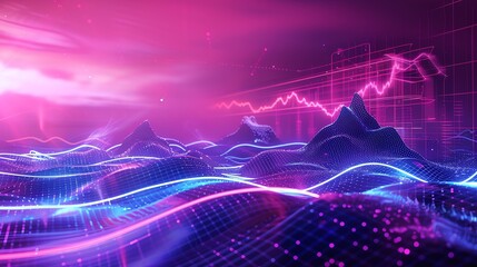 A digitally rendered landscape of mountains and hills with neon glowing lines and a data chart in the background.
