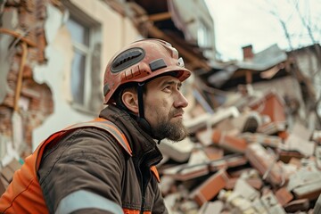 Obraz premium Emergency rescue A helmeted worker removes debris from a house during a natural disaster. The Earthquake concept, Generative AI.
