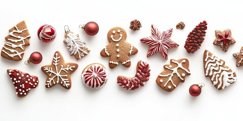 Festive flat lay of gingerbread cookies in various shapes decorated with white icing and red embellishments on a bright white background