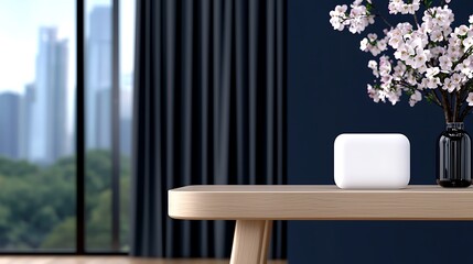 Modern Smart Home Device on Wooden Table with City View