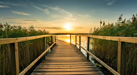 Tranquil Lakeside Boardwalk at Sunset with Lush Reeds and Serene Reflections