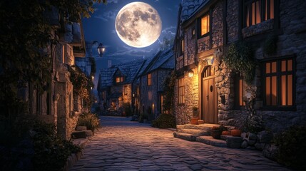 Enchanting moonlit village street with cobblestone path and warm lit cottages under full moonlight