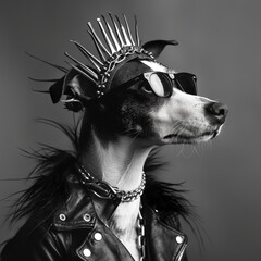 Black and white portrait of a dog wearing sunglasses and a leather jacket